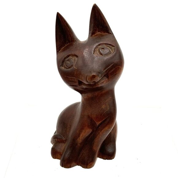 Vintage Carved Dark Wood Cat Statue Mid Century Modern Retro - Picture 6 of 10